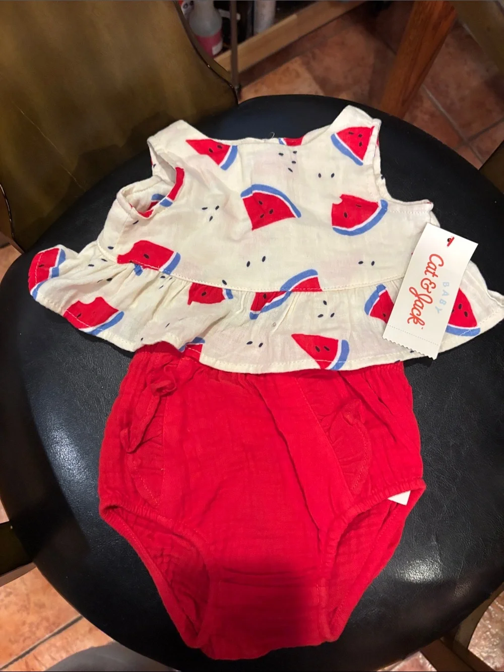Cat & Jack Cream Watermelon Ruffle Top with Red Bloomers